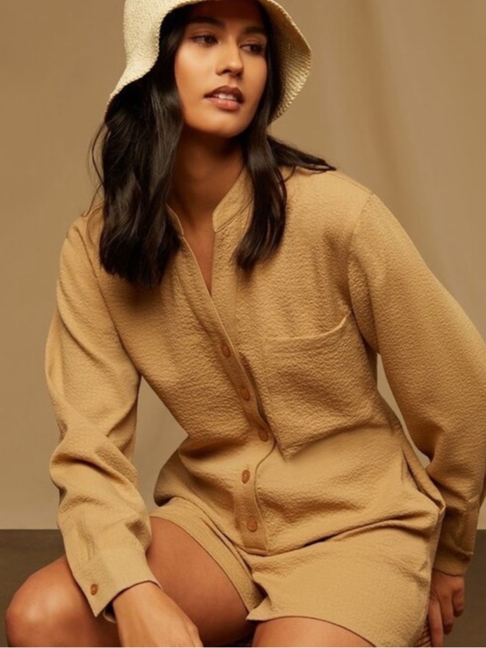 New! ONIA tan crinkle button down romper nwt $150 57075